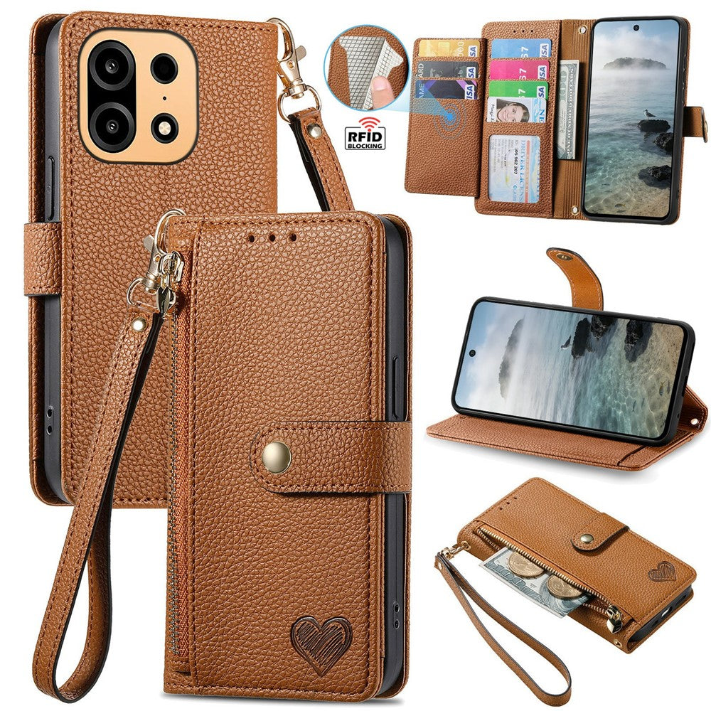 For OnePlus Turbo 6X Pro 5G Case RFID Blocking Zipper Pocket Leather Wallet Phone Cover with Strap