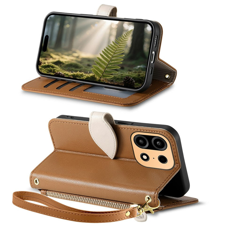 For OnePlus Turbo 6X Pro 5G Stand Case Leaf Shape Magnetic Clasp Leather Phone Cover with Hand Strap
