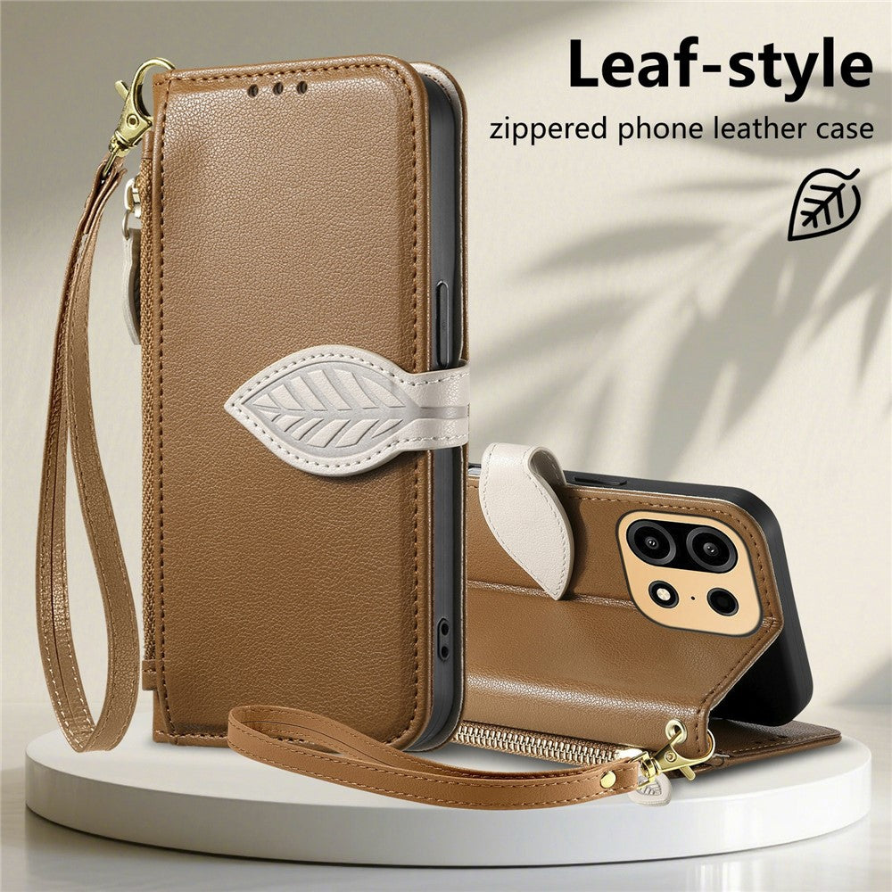 For OnePlus Turbo 6X Pro 5G Stand Case Leaf Shape Magnetic Clasp Leather Phone Cover with Hand Strap