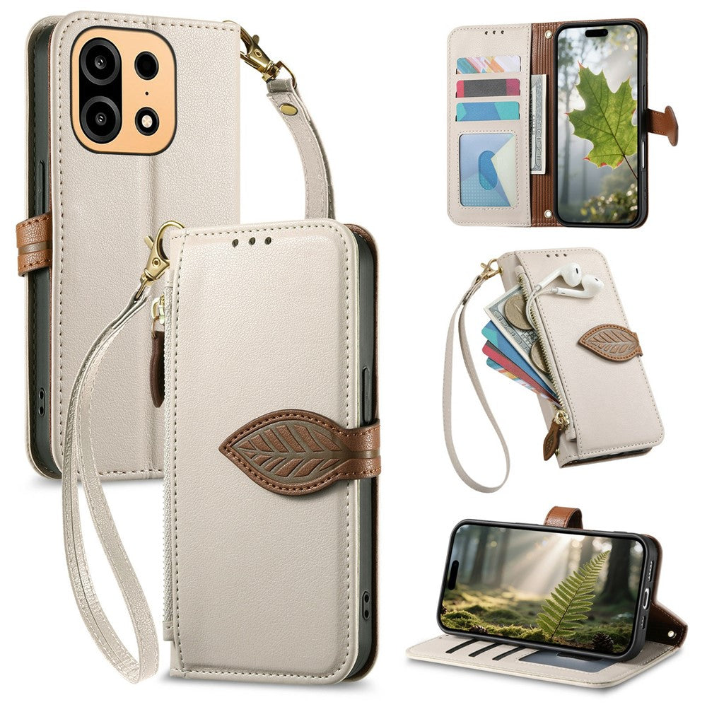 For OnePlus Turbo 6X Pro 5G Stand Case Leaf Shape Magnetic Clasp Leather Phone Cover with Hand Strap