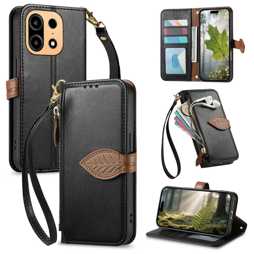 For OnePlus Turbo 6X Pro 5G Stand Case Leaf Shape Magnetic Clasp Leather Phone Cover with Hand Strap