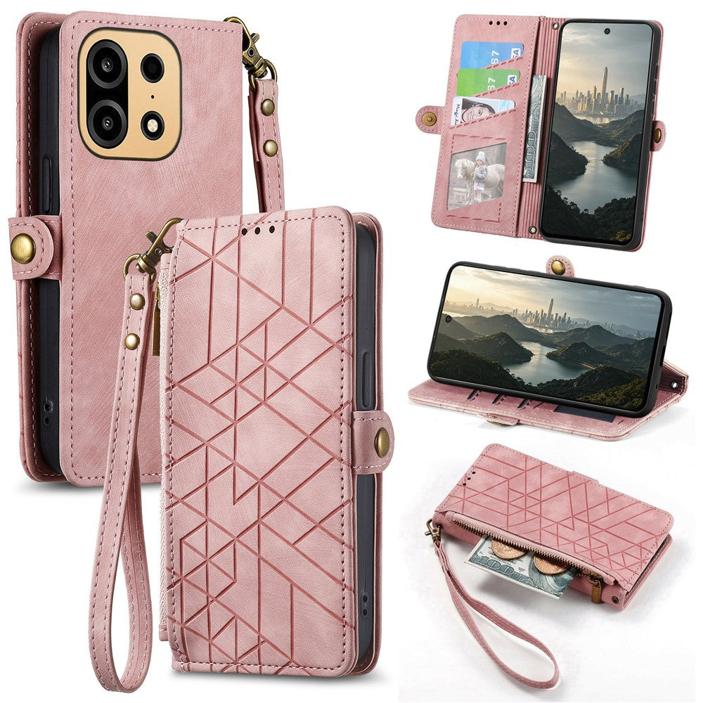 For OnePlus Turbo 6X Pro 5G Case Zipper Wallet Geometry Lines Leather Phone Cover with Strap