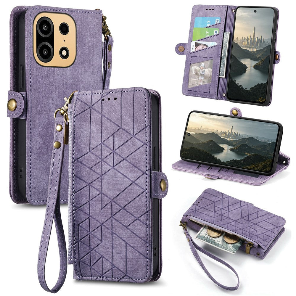 For OnePlus Turbo 6X Pro 5G Case Zipper Wallet Geometry Lines Leather Phone Cover with Strap