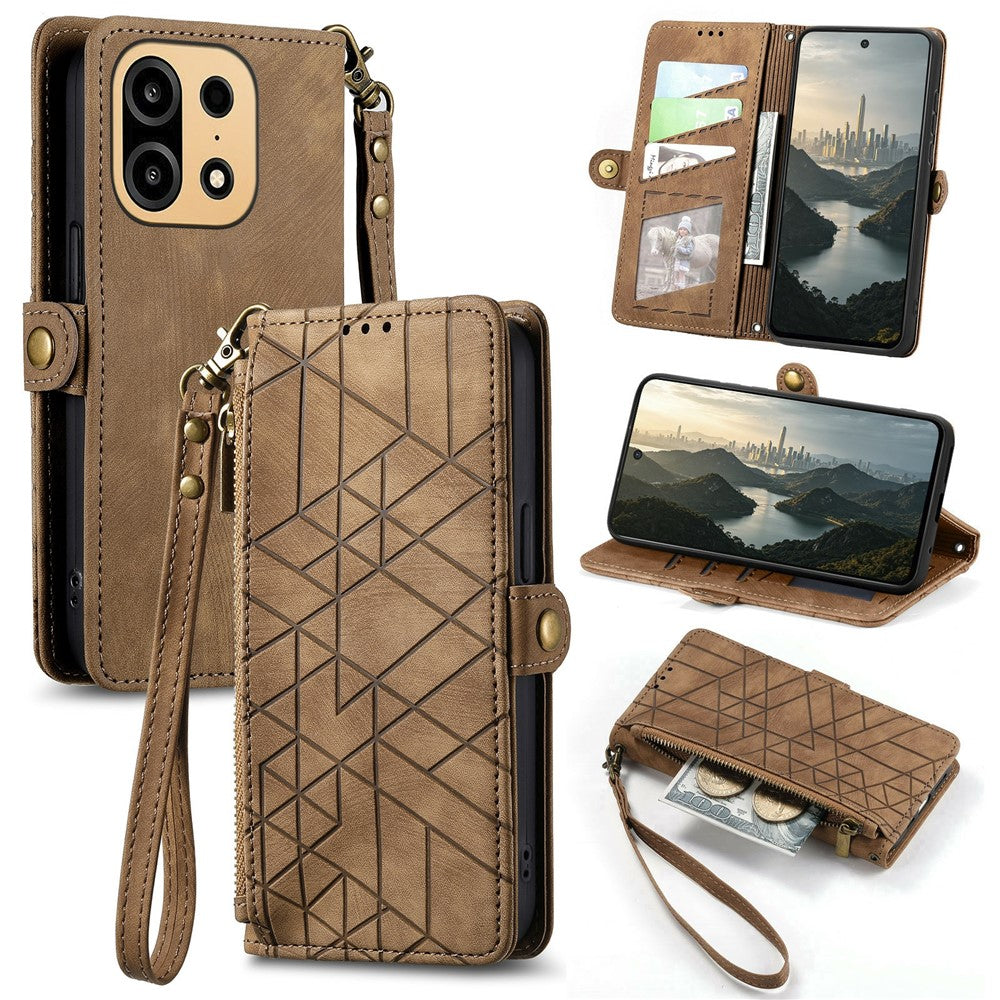 For OnePlus Turbo 6X Pro 5G Case Zipper Wallet Geometry Lines Leather Phone Cover with Strap