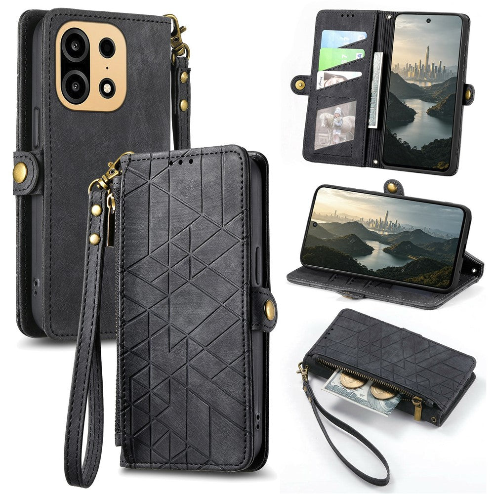 For OnePlus Turbo 6X Pro 5G Case Zipper Wallet Geometry Lines Leather Phone Cover with Strap