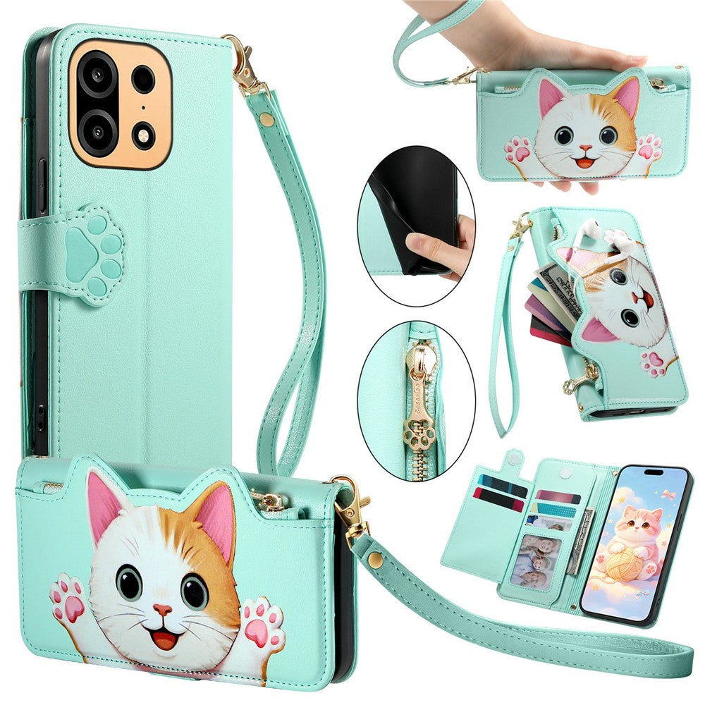 For OnePlus Turbo 6X Pro 5G Leather Case Cartoon Cat Pattern Wallet Stand Phone Cover with Wrist Strap