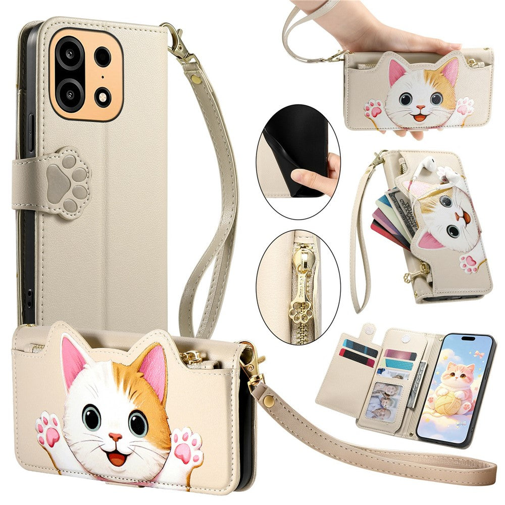 For OnePlus Turbo 6X Pro 5G Leather Case Cartoon Cat Pattern Wallet Stand Phone Cover with Wrist Strap
