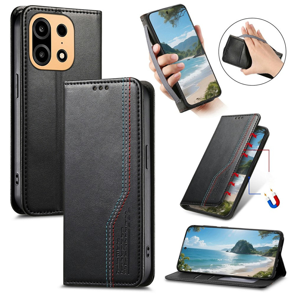 Til OnePlus Turbo 6X Pro 5G Etui Pung Tre-farvet Syning Læder Telefoncover med Elastisk Håndrem