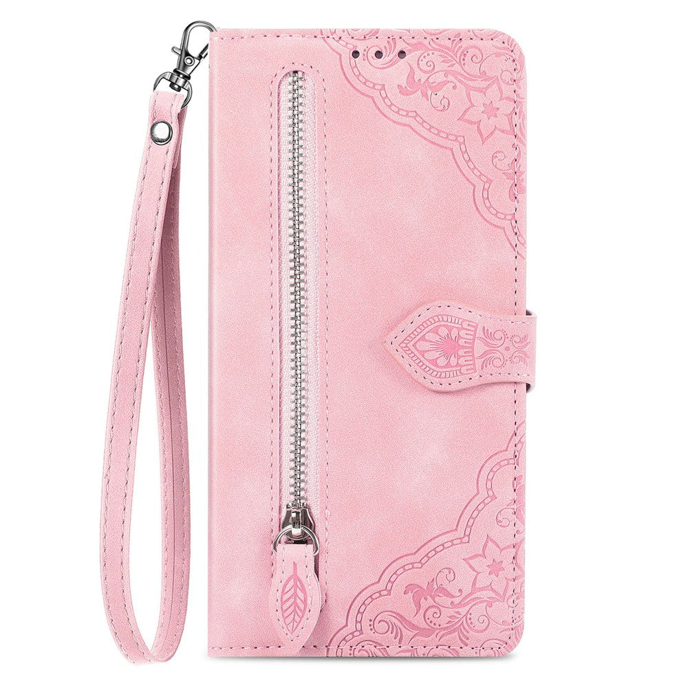 For OnePlus Turbo 6X Pro 5G Zipper Wallet Case with Strap Flower Imprint PU Leather Phone Cover