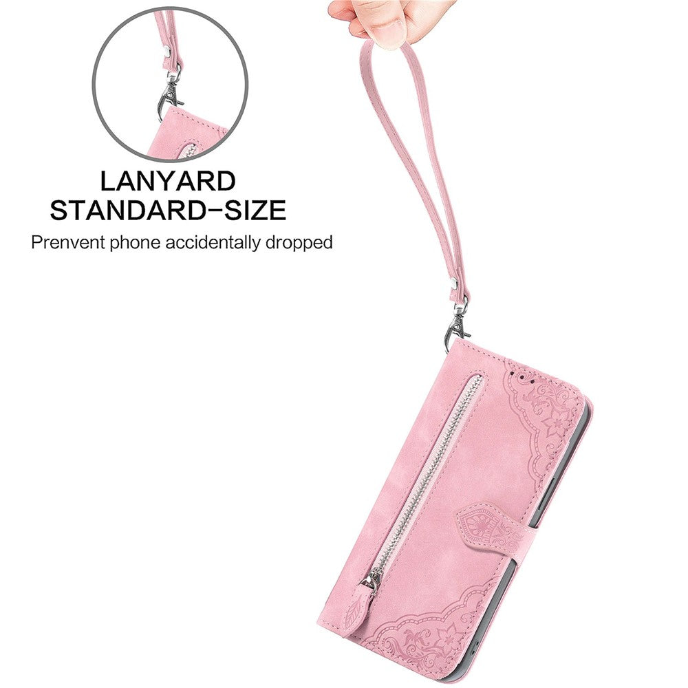 For OnePlus Turbo 6X Pro 5G Zipper Wallet Case with Strap Flower Imprint PU Leather Phone Cover