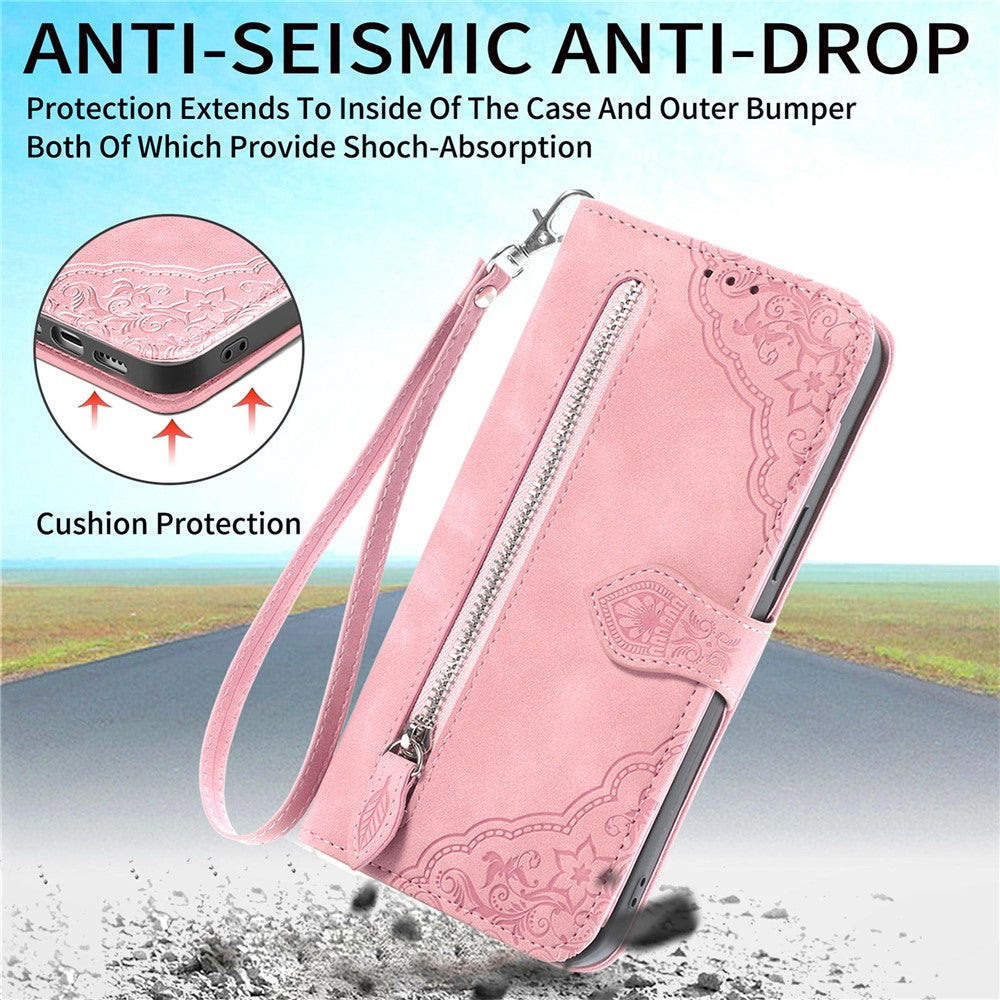 For OnePlus Turbo 6X Pro 5G Zipper Wallet Case with Strap Flower Imprint PU Leather Phone Cover