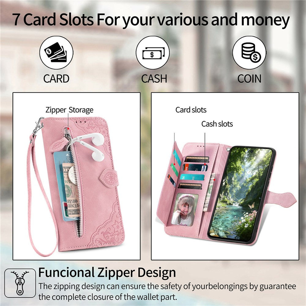 For OnePlus Turbo 6X Pro 5G Zipper Wallet Case with Strap Flower Imprint PU Leather Phone Cover