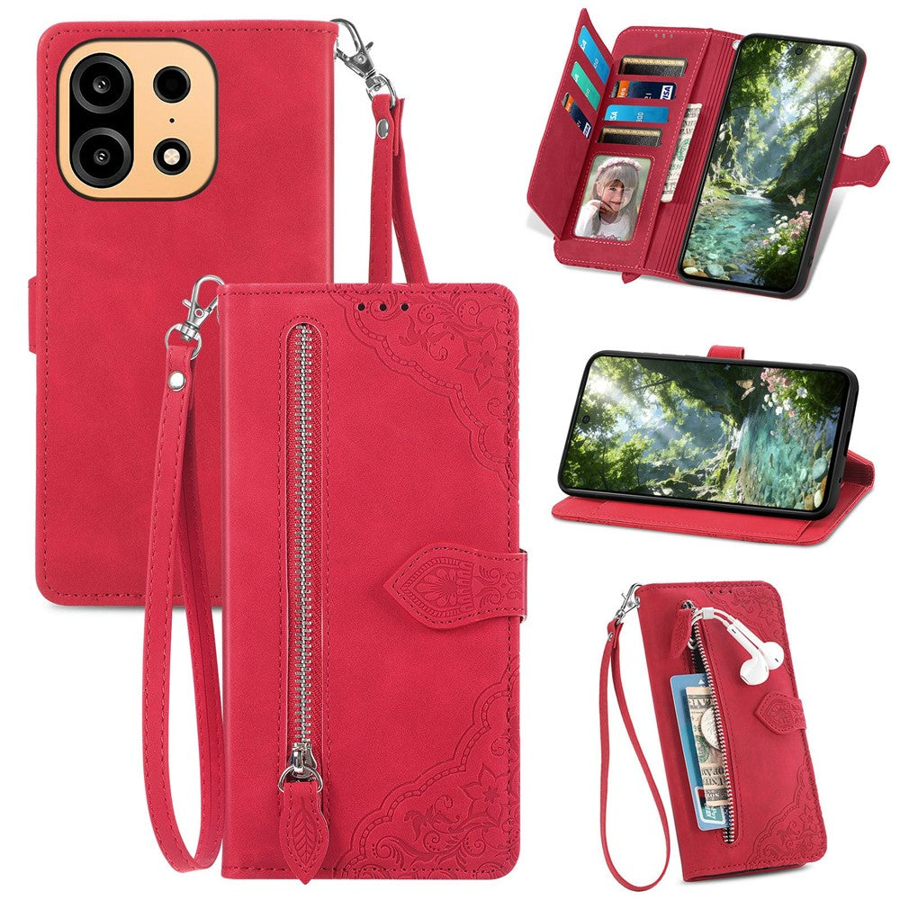 For OnePlus Turbo 6X Pro 5G Zipper Wallet Case with Strap Flower Imprint PU Leather Phone Cover