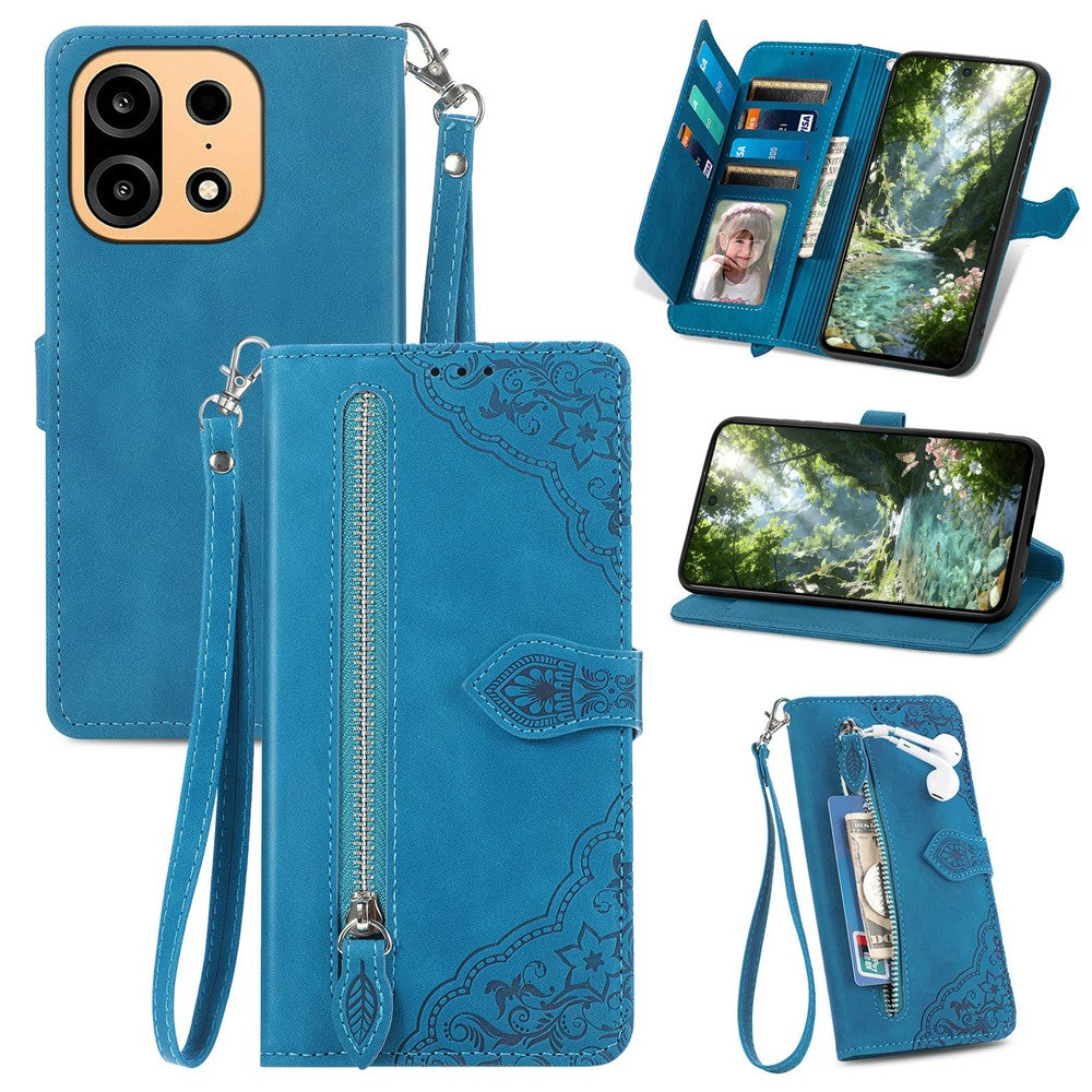 For OnePlus Turbo 6X Pro 5G Zipper Wallet Case with Strap Flower Imprint PU Leather Phone Cover