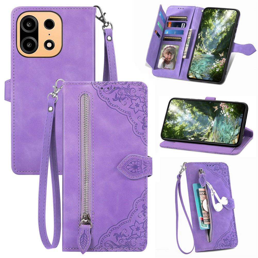 For OnePlus Turbo 6X Pro 5G Zipper Wallet Case with Strap Flower Imprint PU Leather Phone Cover