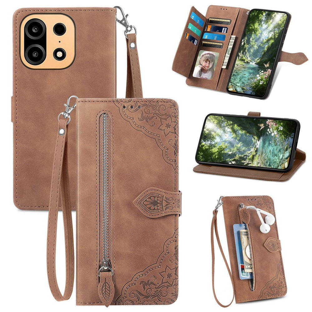 For OnePlus Turbo 6X Pro 5G Zipper Wallet Case with Strap Flower Imprint PU Leather Phone Cover