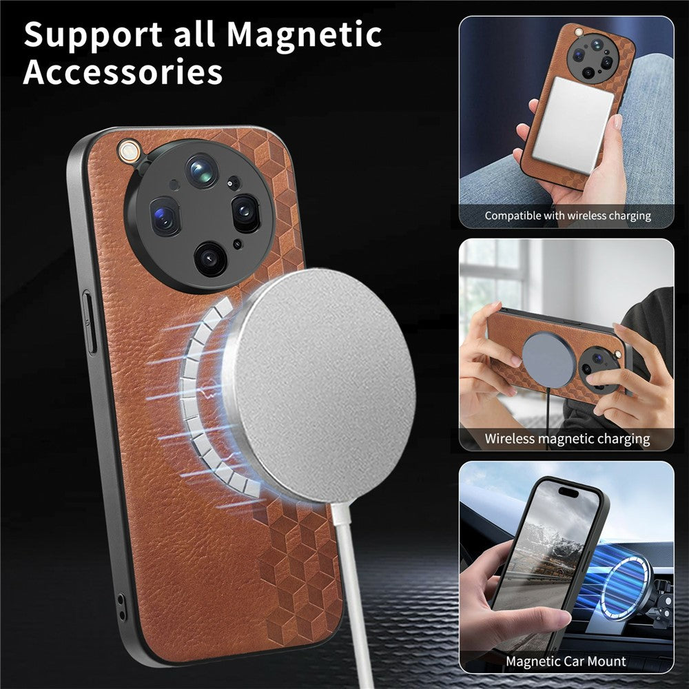 For Oppo Find X9 Ultra 5G Magnetic Phone Case with Grid Pattern Protective PU Leather + PC Cover