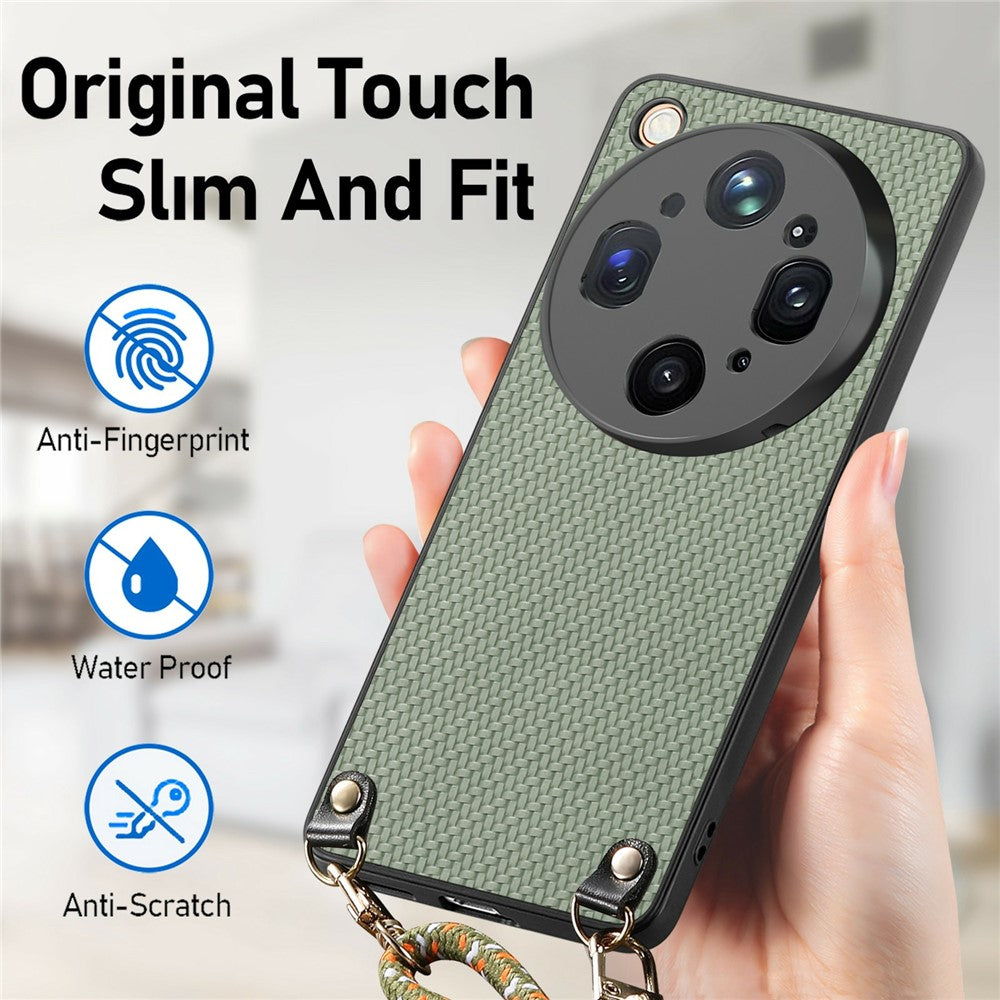 Til Oppo Find X9 Ultra 5G Etui Carbonfibertekstur Hybrid Telefonbagcover med Justerbar Rem