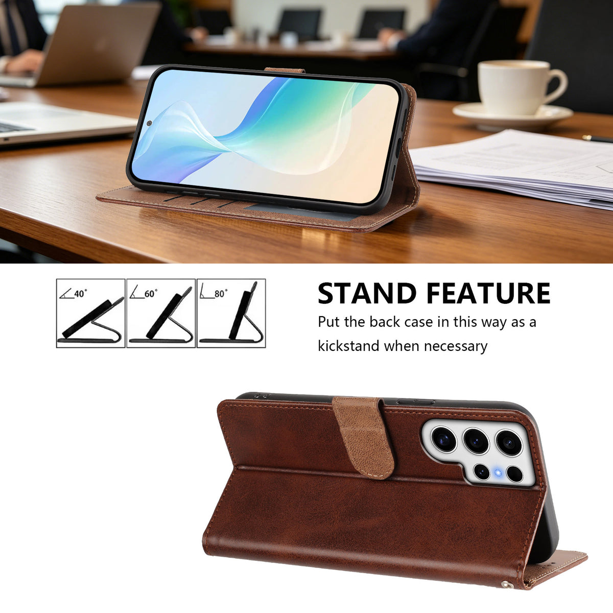 For Samsung Galaxy S24 Ultra Case Wallet Flip Stand PU Leather Phone Cover with Wrist Strap