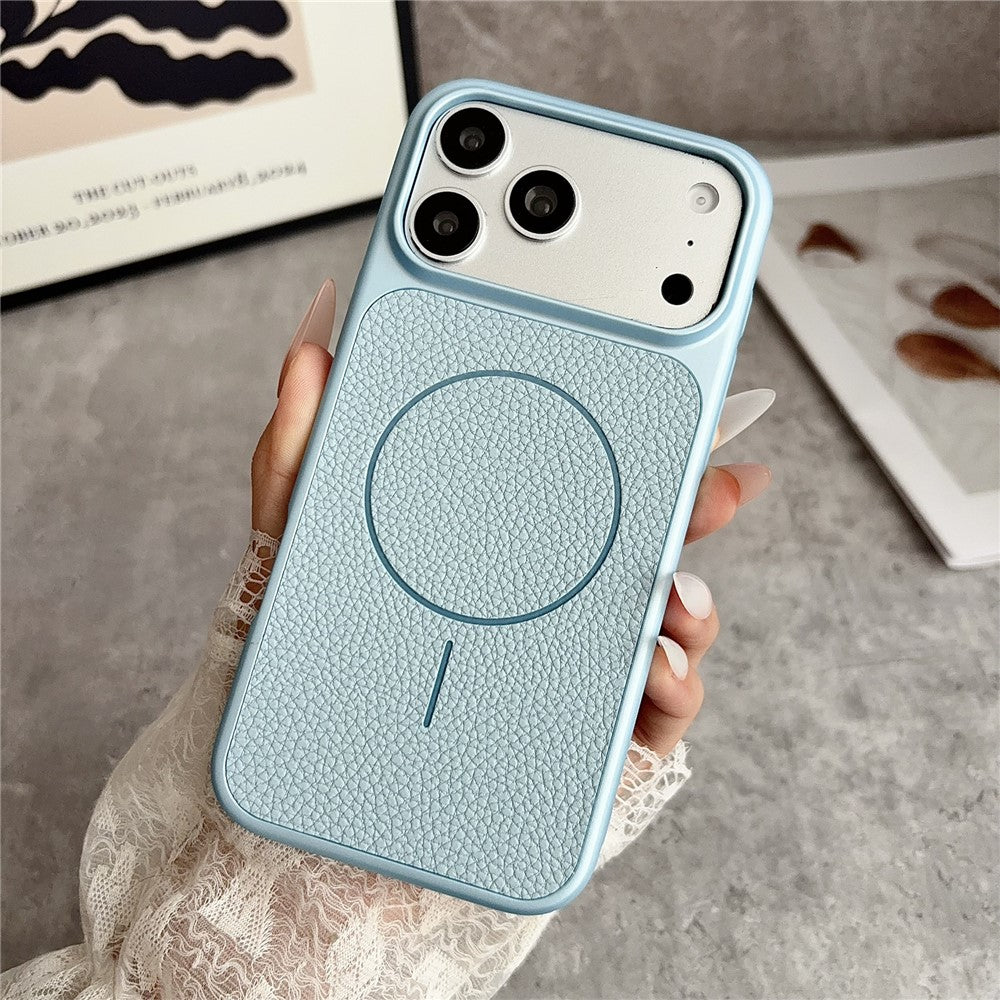 For iPhone 17 Pro Magnetic Case Litchi Texture Leather Coated PC + TPU Anti-Scratch Phone Cover