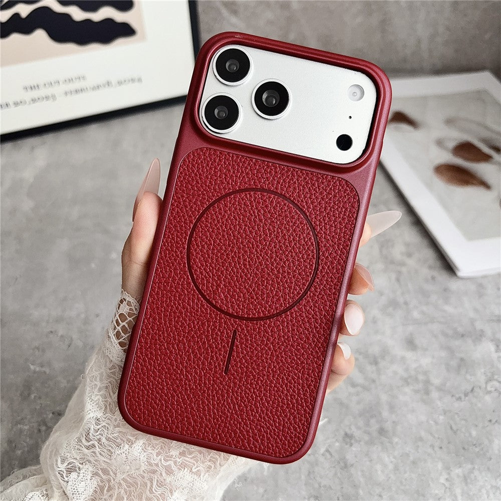 For iPhone 17 Pro Magnetic Case Litchi Texture Leather Coated PC + TPU Anti-Scratch Phone Cover