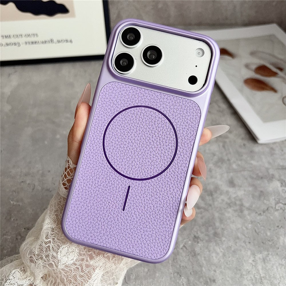 For iPhone 17 Pro Magnetic Case Litchi Texture Leather Coated PC + TPU Anti-Scratch Phone Cover