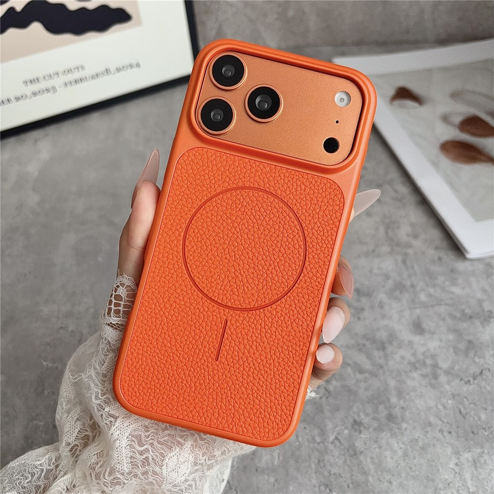 For iPhone 17 Pro Max Magnetic Case Litchi Texture Leather Coated PC + TPU Anti-Scratch Phone Cover
