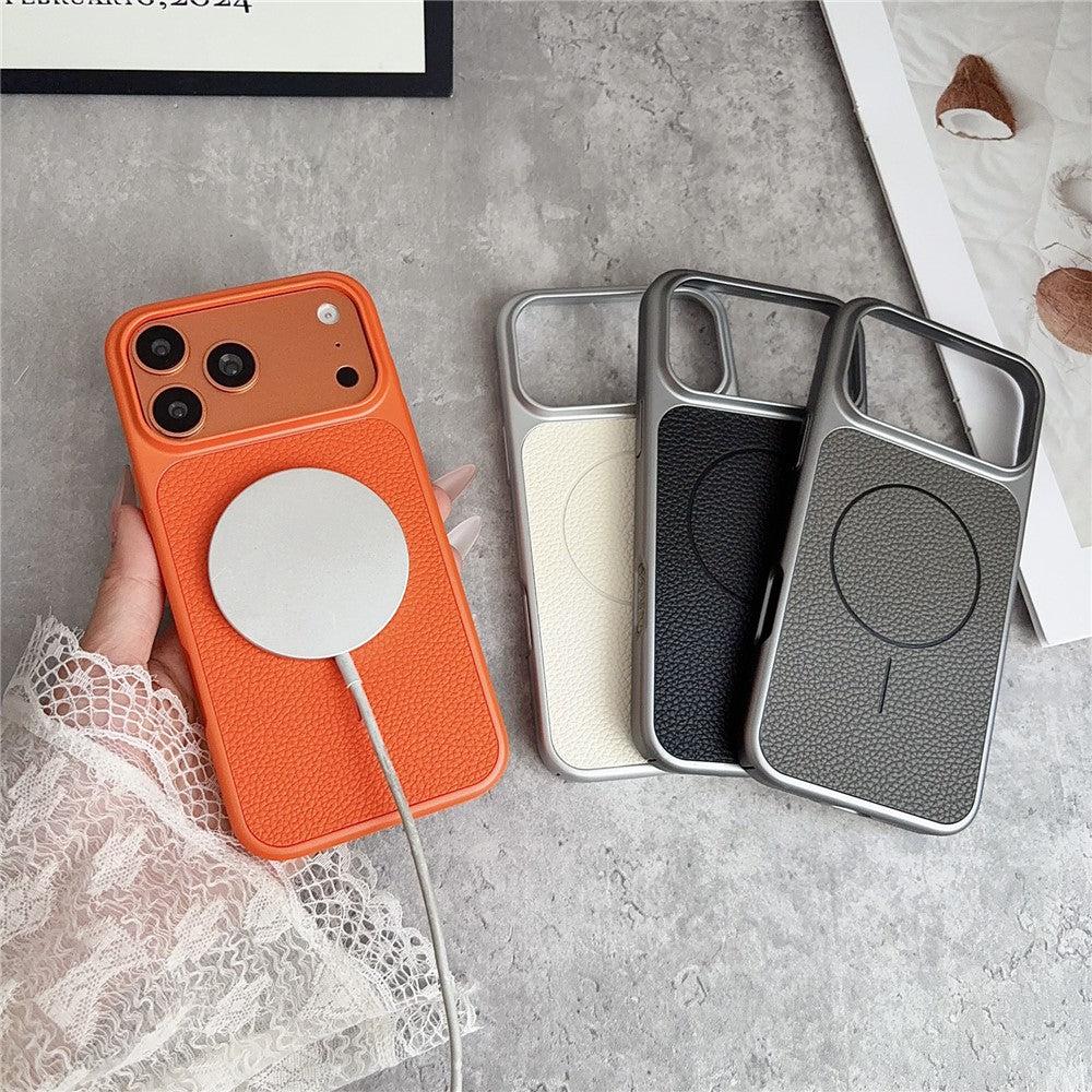 For iPhone 17 Pro Max Magnetic Case Litchi Texture Leather Coated PC + TPU Anti-Scratch Phone Cover