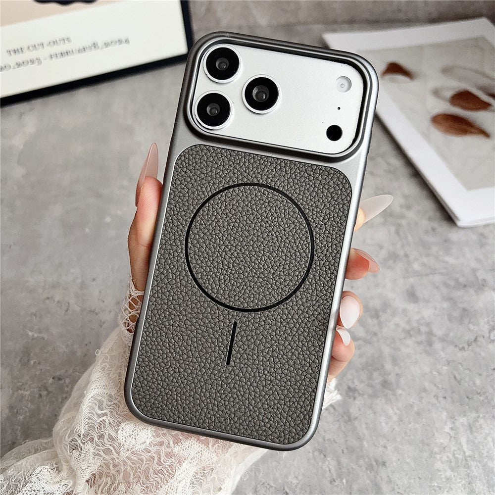 For iPhone 17 Pro Max Magnetic Case Litchi Texture Leather Coated PC + TPU Anti-Scratch Phone Cover