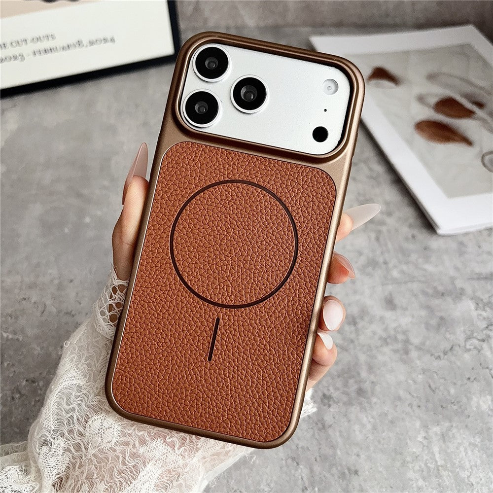For iPhone 17 Pro Max Magnetic Case Litchi Texture Leather Coated PC + TPU Anti-Scratch Phone Cover