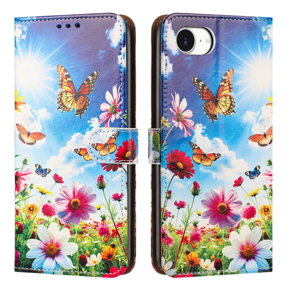 For iPhone 17th / 16th Case Pattern Printed Wallet Flip Stand PU Leather Phone Cover with Wrist Strap