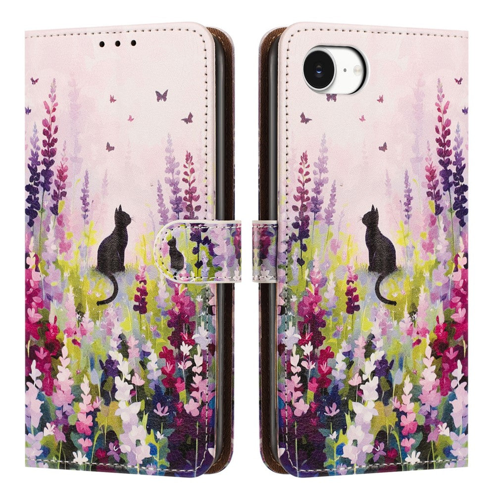 For iPhone 17th / 16th Case Pattern Printed Wallet Flip Stand PU Leather Phone Cover with Wrist Strap