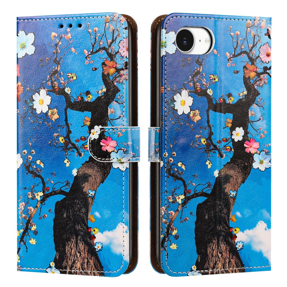 For iPhone 17th / 16th Case Pattern Printed Wallet Flip Stand PU Leather Phone Cover with Wrist Strap
