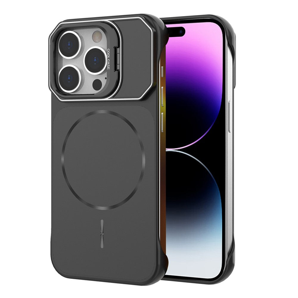 For iPhone 14 Pro Magnetic Case Lens Frame Kickstand Matte PC Frameless Phone Cover