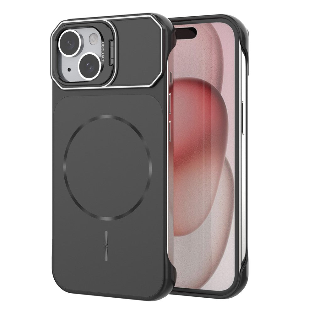 For iPhone 15 Magnetic Case Lens Frame Kickstand Matte PC Frameless Phone Cover