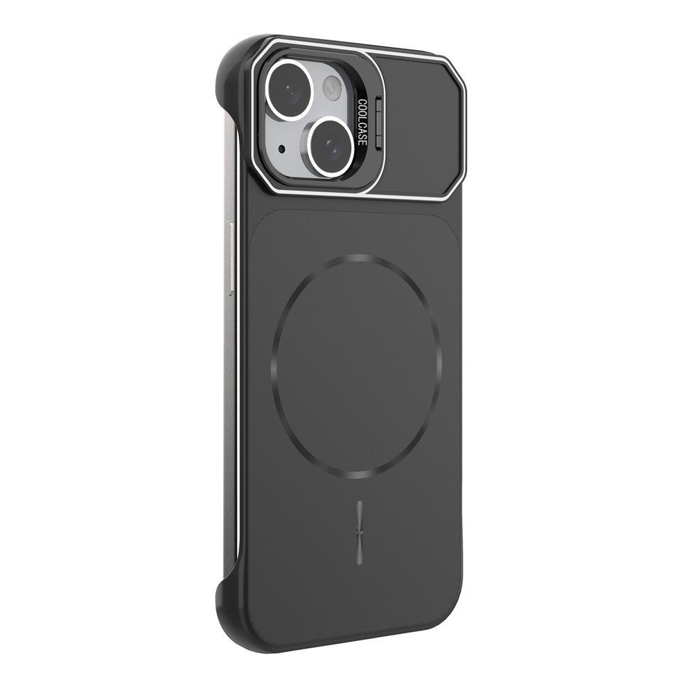 For iPhone 15 Magnetic Case Lens Frame Kickstand Matte PC Frameless Phone Cover