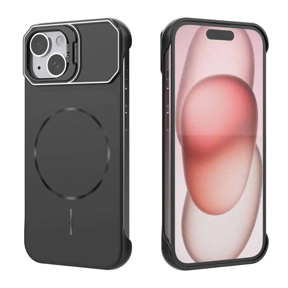 For iPhone 15 Magnetic Case Lens Frame Kickstand Matte PC Frameless Phone Cover