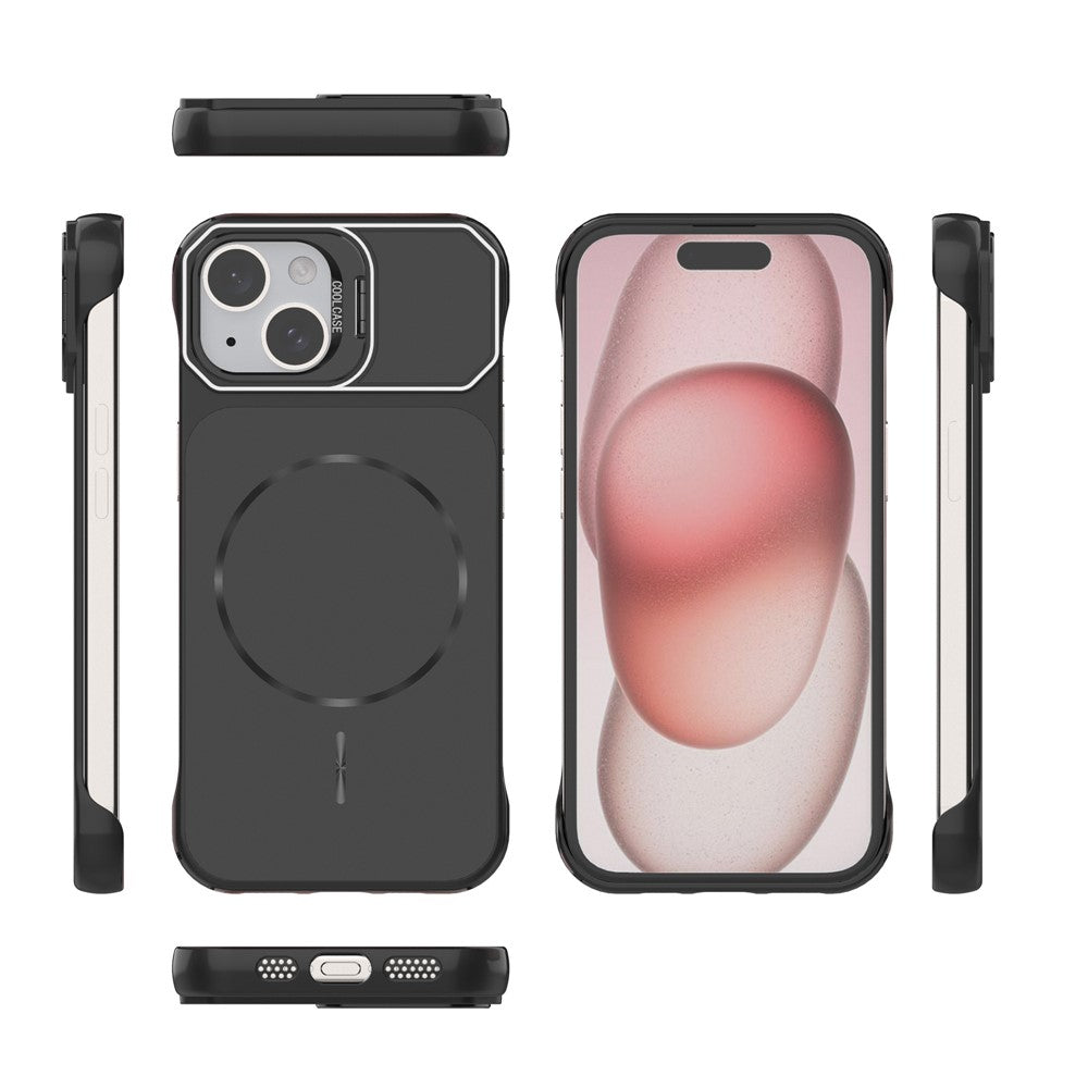For iPhone 15 Magnetic Case Lens Frame Kickstand Matte PC Frameless Phone Cover