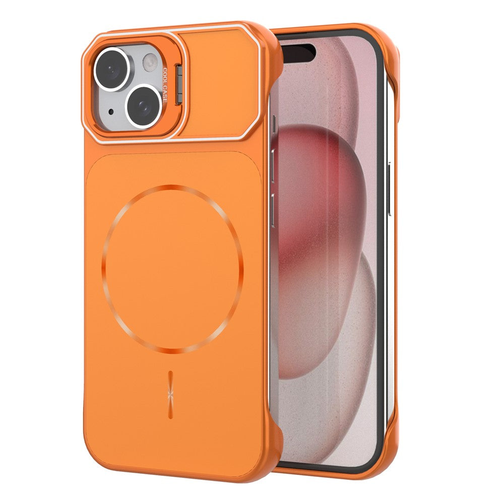 For iPhone 15 Magnetic Case Lens Frame Kickstand Matte PC Frameless Phone Cover