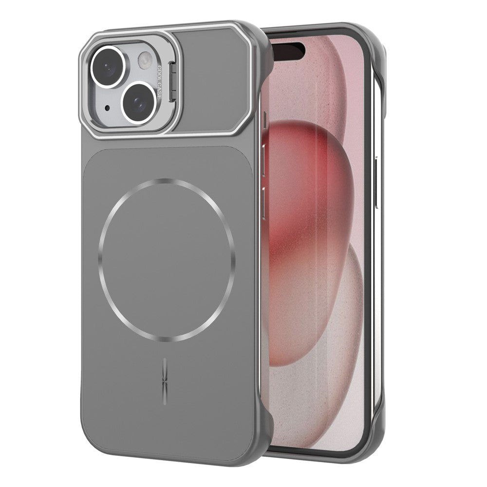 For iPhone 15 Magnetic Case Lens Frame Kickstand Matte PC Frameless Phone Cover