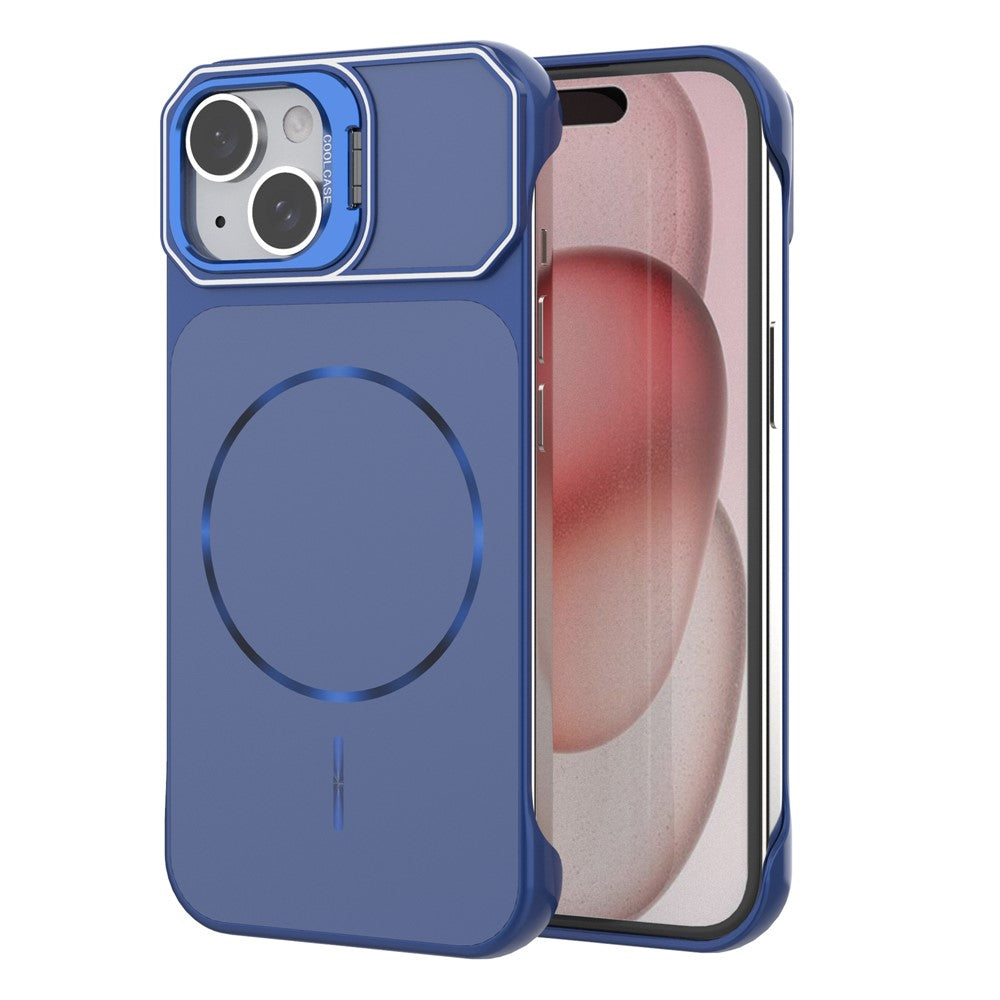 For iPhone 15 Magnetic Case Lens Frame Kickstand Matte PC Frameless Phone Cover
