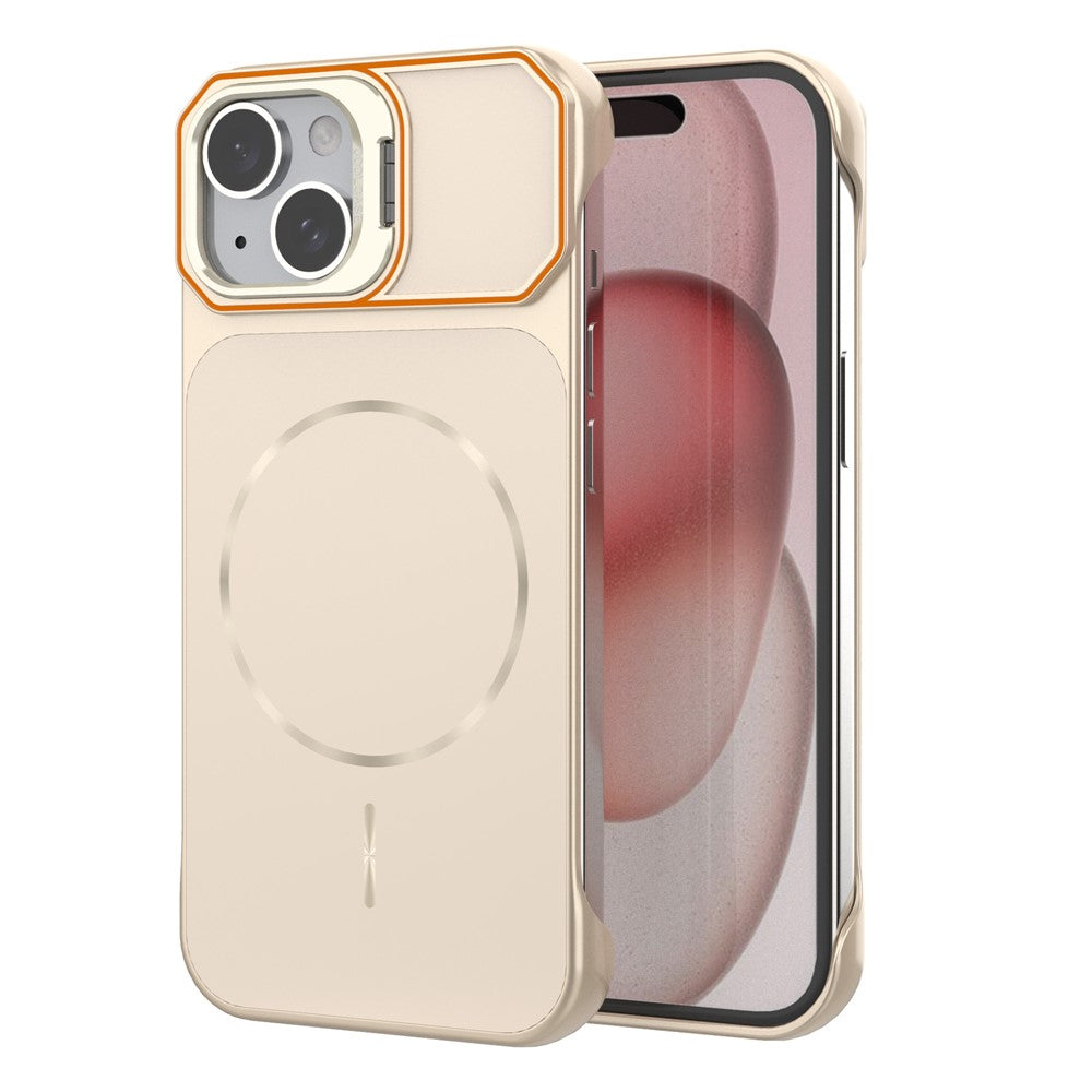 For iPhone 15 Magnetic Case Lens Frame Kickstand Matte PC Frameless Phone Cover
