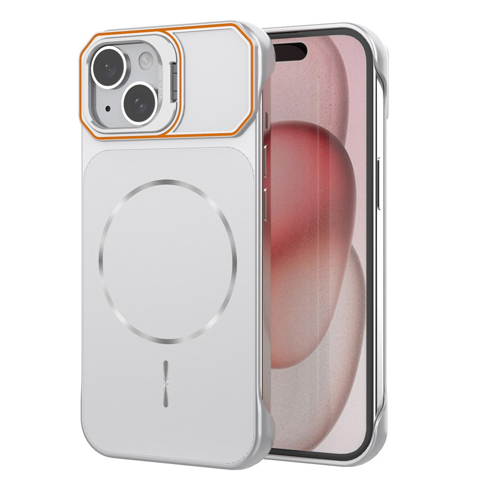 For iPhone 15 Magnetic Case Lens Frame Kickstand Matte PC Frameless Phone Cover