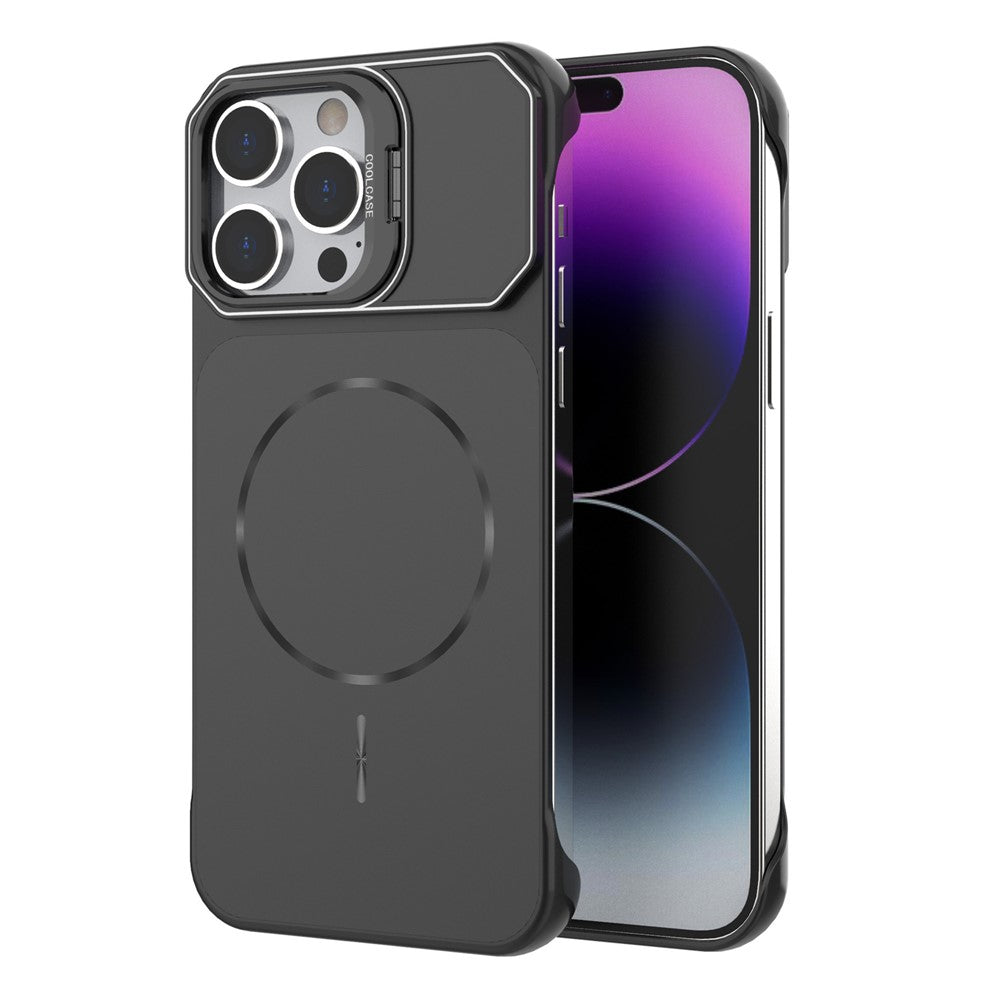 For iPhone 15 Pro Max Magnetic Case Lens Frame Kickstand Matte PC Frameless Phone Cover