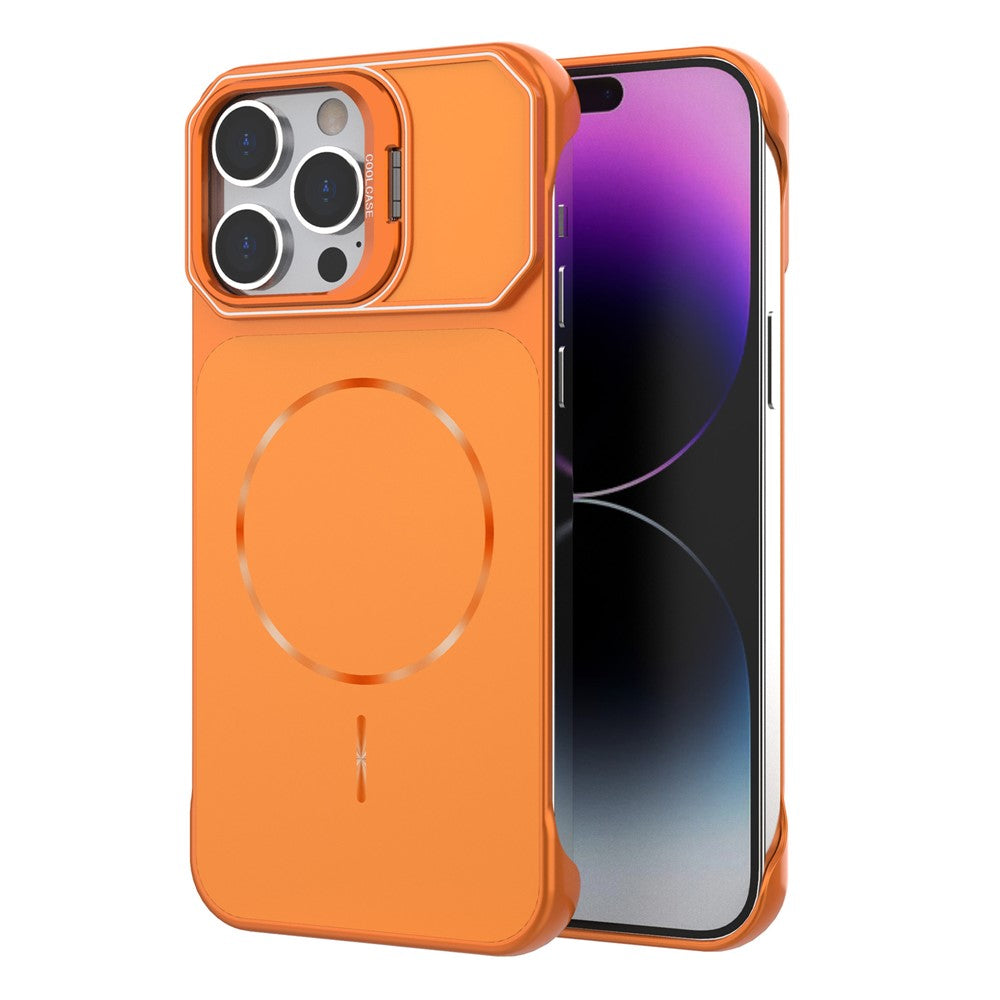 For iPhone 15 Pro Max Magnetic Case Lens Frame Kickstand Matte PC Frameless Phone Cover