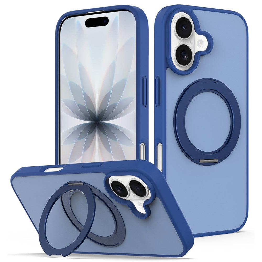 For iPhone 16 Case with Rotating Magnetic Kickstand PC + TPU Skin-Touch Phone Cover