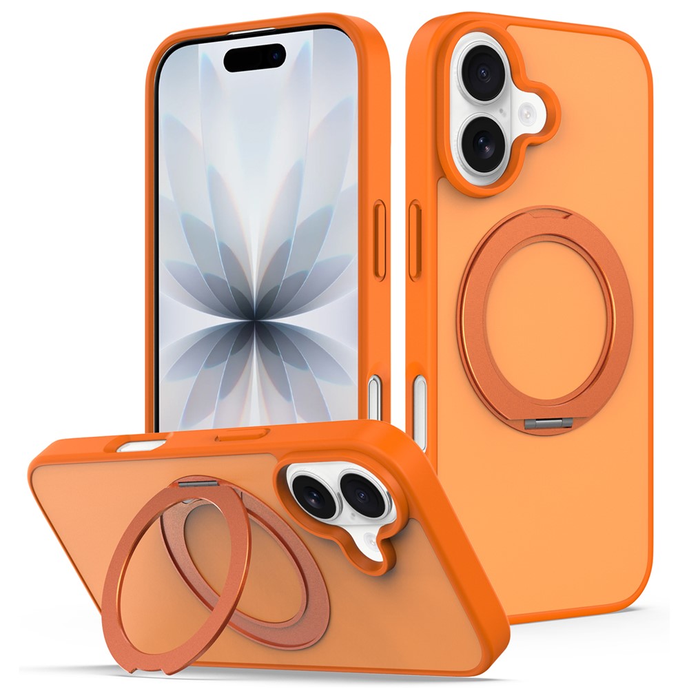 For iPhone 16 Case with Rotating Magnetic Kickstand PC + TPU Skin-Touch Phone Cover