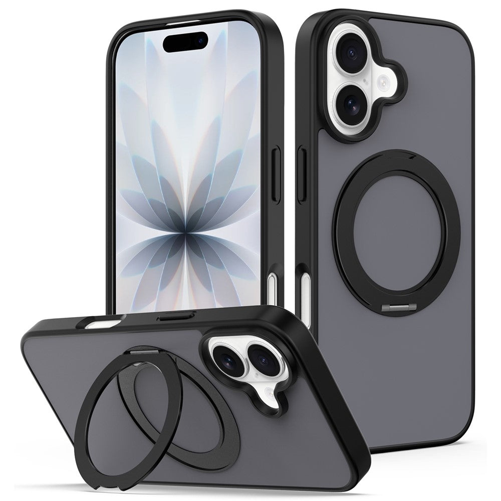 For iPhone 16 Case with Rotating Magnetic Kickstand PC + TPU Skin-Touch Phone Cover