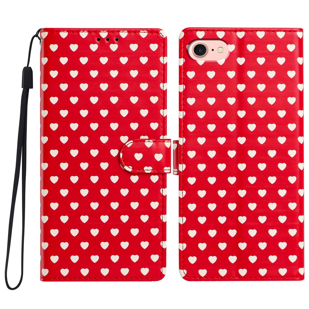 For iPhone 17th / 16th Case Heart Pattern PU Leather Flip Wallet Stand Phone Cover with Wrist Strap