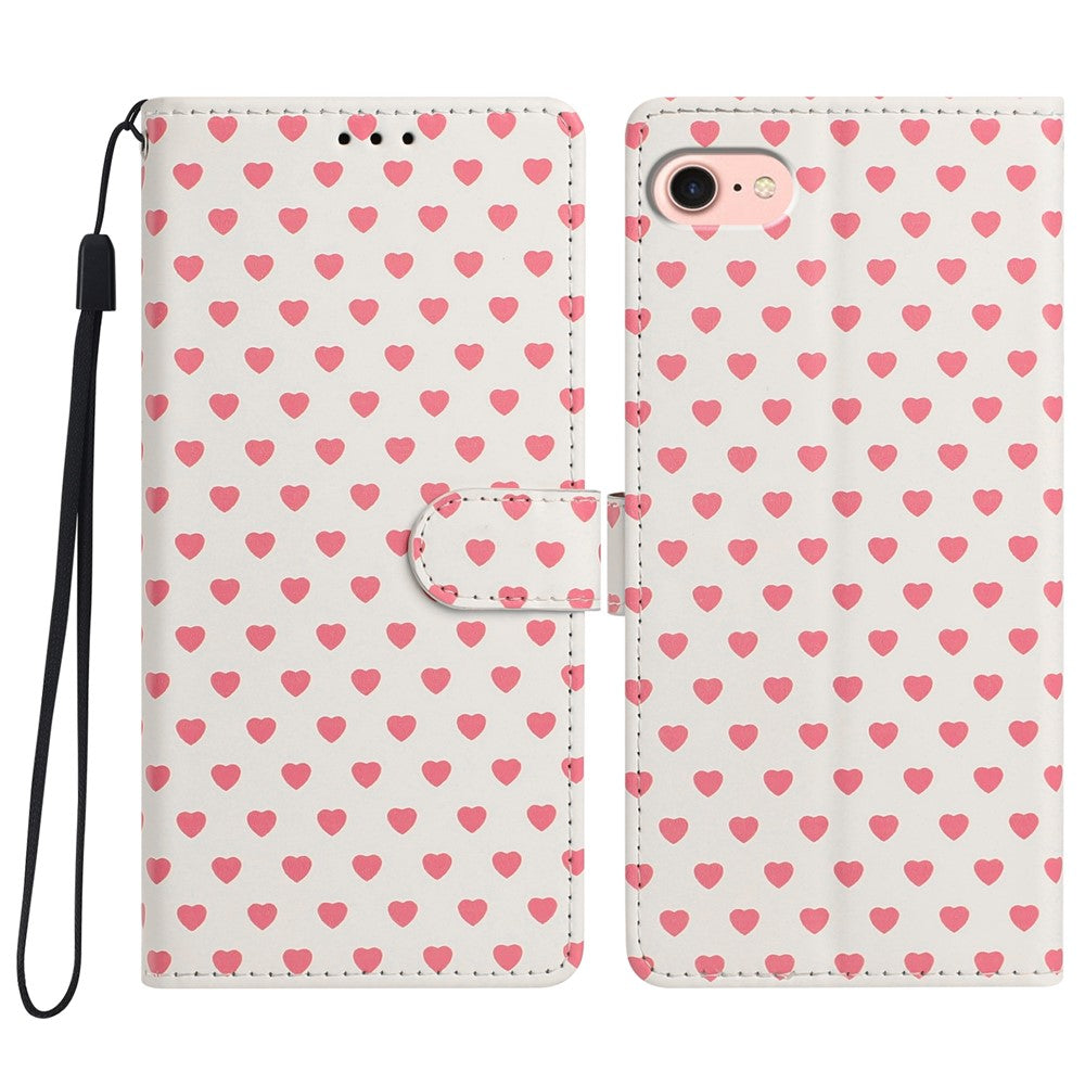 For iPhone 17th / 16th Case Heart Pattern PU Leather Flip Wallet Stand Phone Cover with Wrist Strap